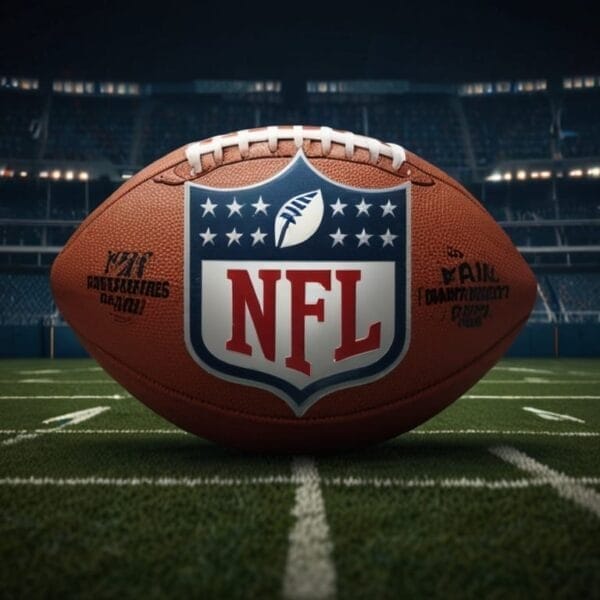 Close-up of an NFL football on a stadium field, with the logo prominently displayed, capturing the essence of breaking NFL traditions while still embracing the time-honored spirit of the game.