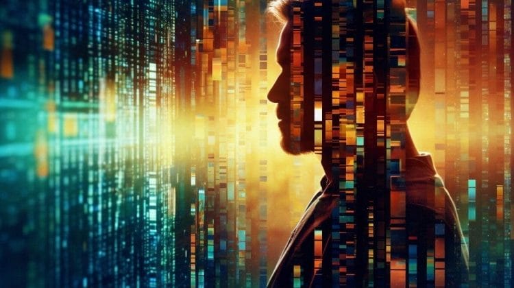 Silhouette of a person confronting a digital landscape with colorful, vertical lines resembling bar code patterns. The scene evokes data-driven decision-making in sports, as the background pulses with a glow of blue, orange, and yellow light patterns.