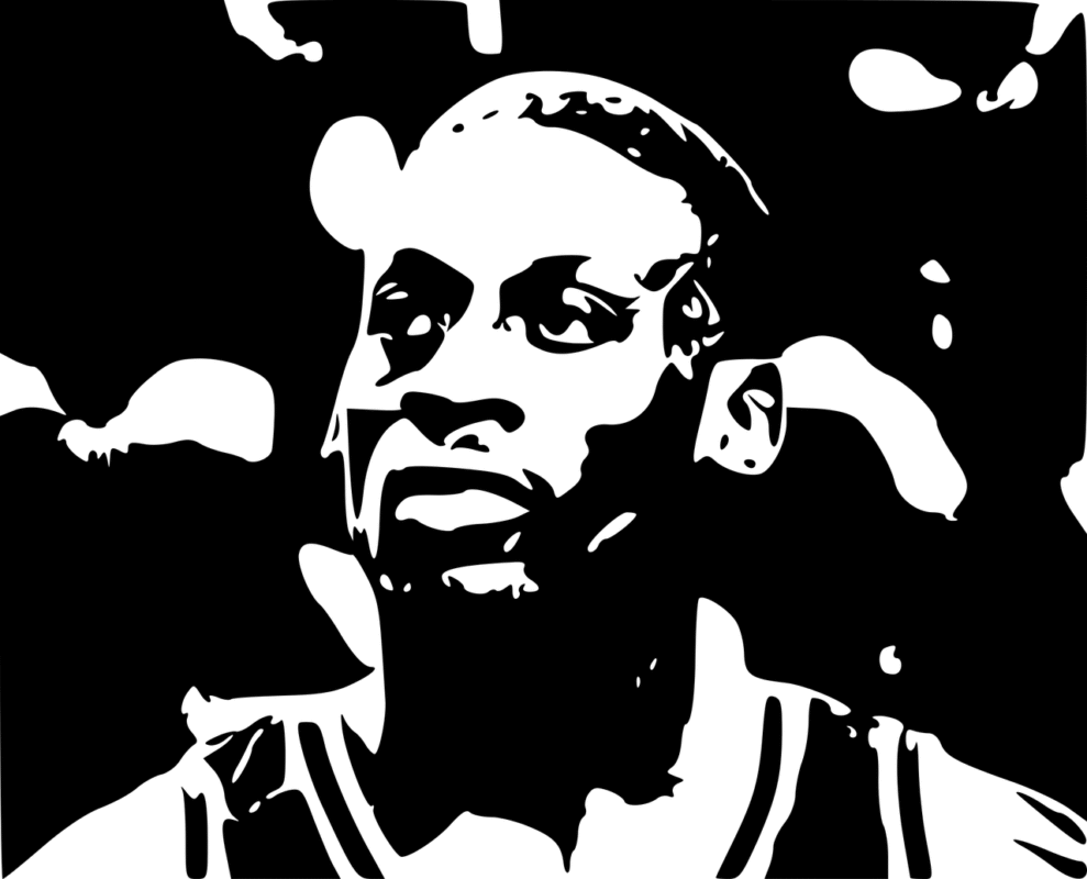 Silhouette-style image of a person wearing a sleeveless top, depicted in dark green tones against a black background. The serious expression reflects the impact of 90s basketball, with emphasis on the focused facial features and sturdy shoulders reminiscent of NBA legends.