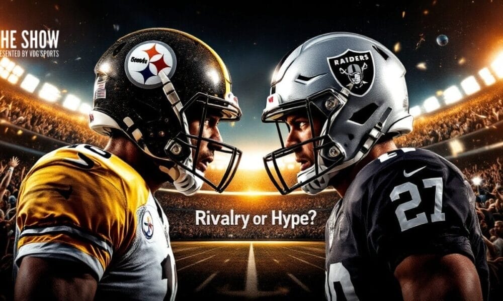 Two American football players face each other on a lit stadium field. One wears a black and gold Pittsburgh Steelers helmet; the other sports a silver and black Las Vegas Raiders helmet. The text "Rivalry or Hype?" captures the essence of NFL Rivalries.