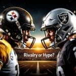 Two American football players face each other on a lit stadium field. One wears a black and gold Pittsburgh Steelers helmet; the other sports a silver and black Las Vegas Raiders helmet. The text "Rivalry or Hype?" captures the essence of NFL Rivalries.