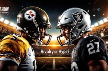 Two American football players face each other on a lit stadium field. One wears a black and gold Pittsburgh Steelers helmet; the other sports a silver and black Las Vegas Raiders helmet. The text "Rivalry or Hype?" captures the essence of NFL Rivalries.