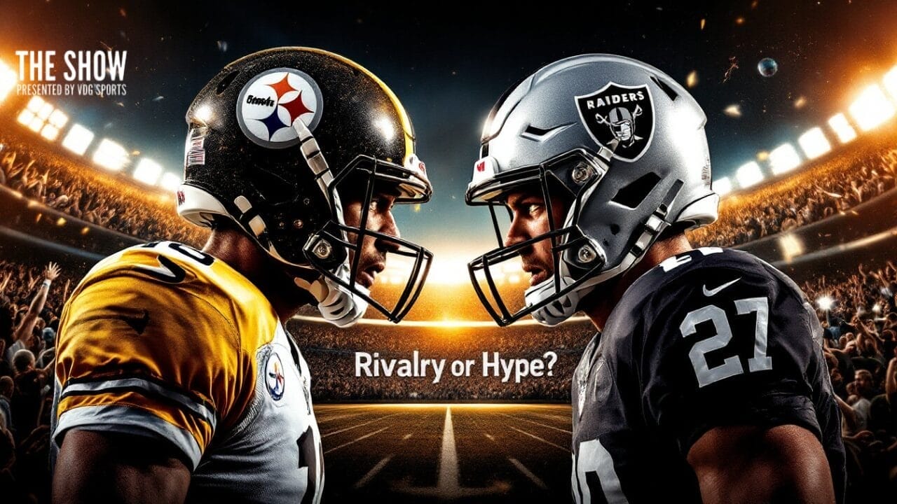 Two American football players face each other on a lit stadium field. One wears a black and gold Pittsburgh Steelers helmet; the other sports a silver and black Las Vegas Raiders helmet. The text "Rivalry or Hype?" captures the essence of NFL Rivalries.