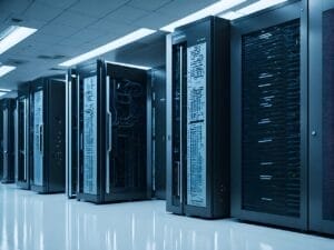 A modern data center with rows of server racks dedicated to NFL analytics. The servers, encased in sleek black cabinets, reveal a maze of cables and electronic components. Overhead lighting casts a glow on the shiny white floor, creating an atmosphere of precision and innovation.