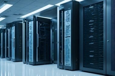 A modern data center with rows of server racks dedicated to NFL analytics. The servers, encased in sleek black cabinets, reveal a maze of cables and electronic components. Overhead lighting casts a glow on the shiny white floor, creating an atmosphere of precision and innovation.