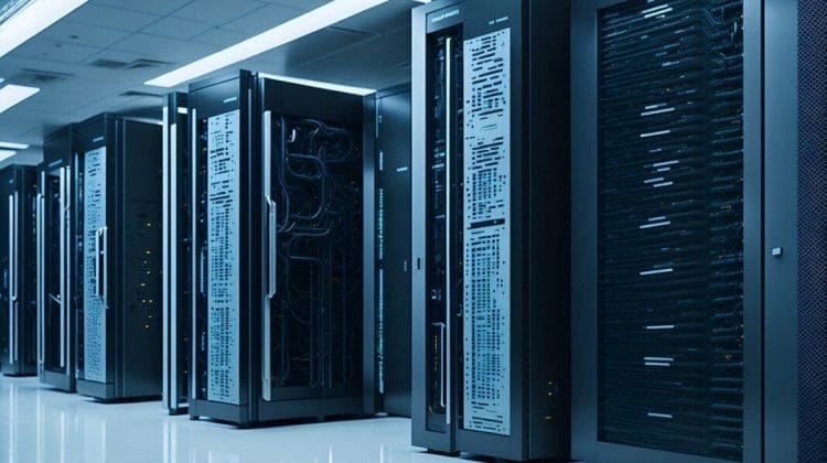 A modern data center with rows of server racks dedicated to NFL analytics. The servers, encased in sleek black cabinets, reveal a maze of cables and electronic components. Overhead lighting casts a glow on the shiny white floor, creating an atmosphere of precision and innovation.