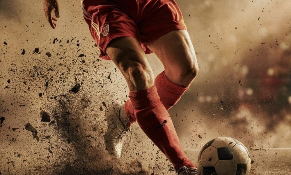 A soccer player in a red uniform kicks a ball on a dirt field, with soil flying around—a scene that might soon be part of the future of sports as traditional fields give way to innovative playing environments.