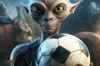 An alien holding a soccer ball stands against a mysterious backdrop, hinting at the ethical future of sports, where intergalactic games unite diverse worlds.