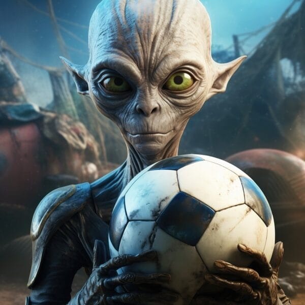 An alien holding a soccer ball stands against a mysterious backdrop, hinting at the ethical future of sports, where intergalactic games unite diverse worlds.