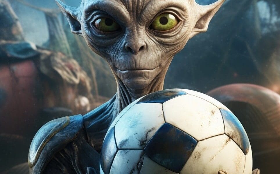 An alien holding a soccer ball stands against a mysterious backdrop, hinting at the ethical future of sports, where intergalactic games unite diverse worlds.