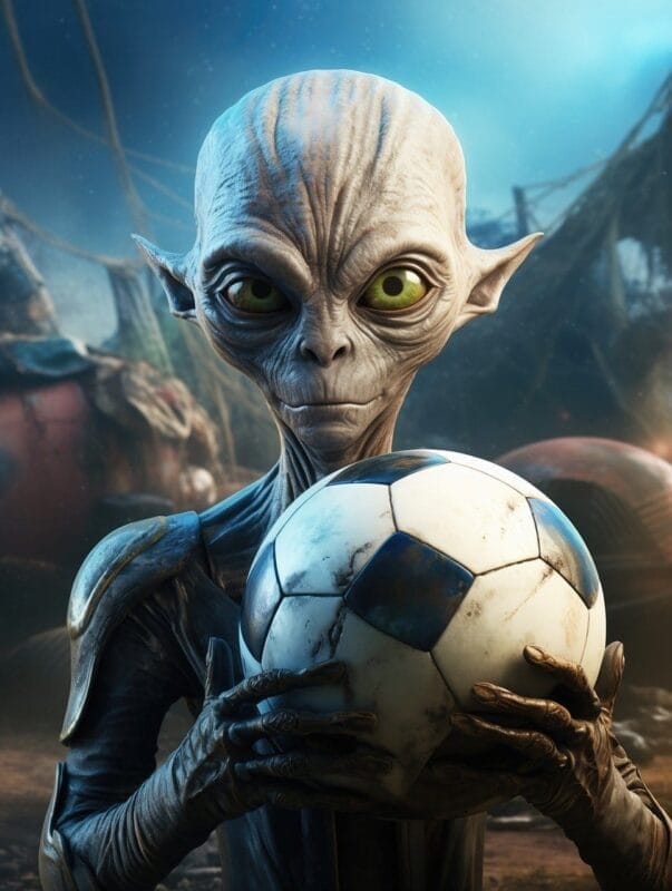 An alien holding a soccer ball stands against a mysterious backdrop, hinting at the ethical future of sports, where intergalactic games unite diverse worlds.