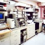 A retro laboratory features various scientific equipment and computers, including a CRT monitor displaying blue text. Shelves hold glassware and boxes, perhaps analyzing statistics in sports performance. The room has white cabinets and a fluorescent-lit, clean environment.