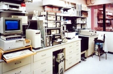 A retro laboratory features various scientific equipment and computers, including a CRT monitor displaying blue text. Shelves hold glassware and boxes, perhaps analyzing statistics in sports performance. The room has white cabinets and a fluorescent-lit, clean environment.