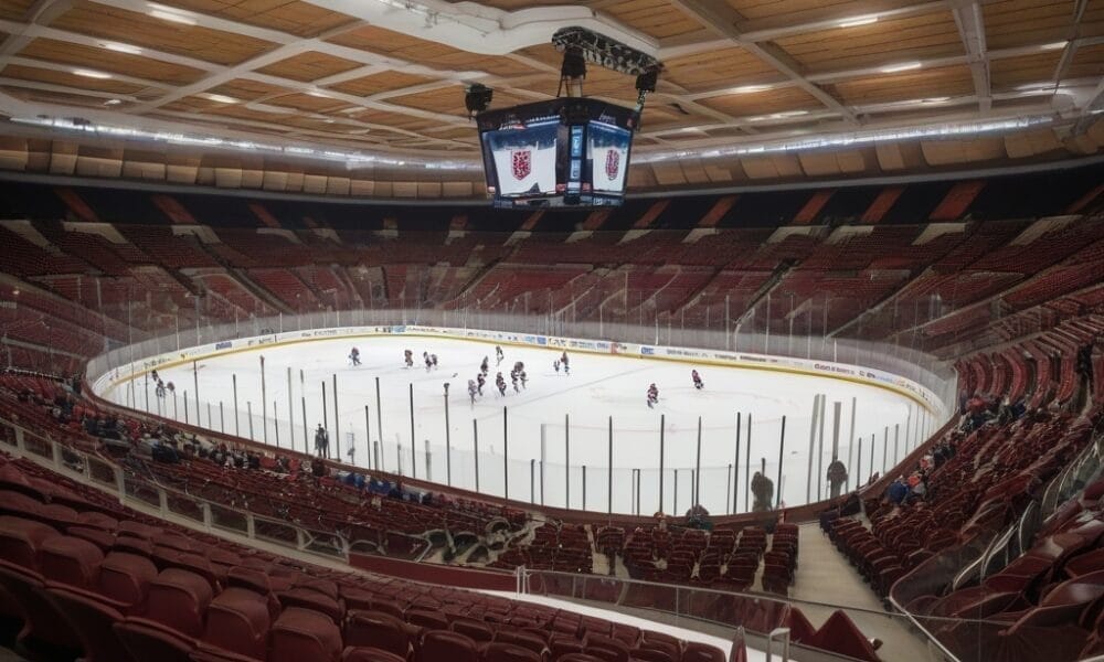 From the stands, witness an NHL Fan Experience in this empty hockey arena as teams face off on the ice. The energy is palpable even without a crowd, offering a unique perspective on the sport.