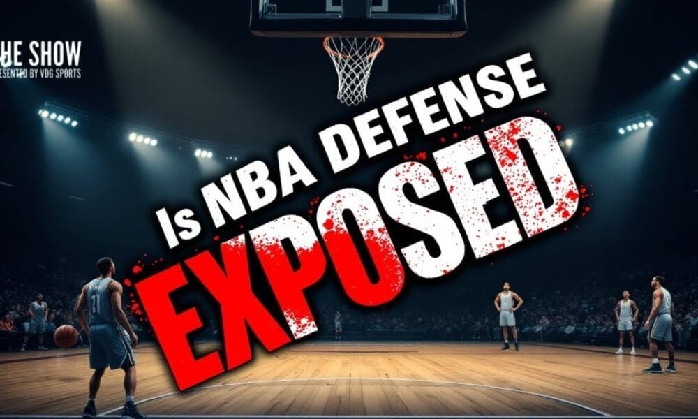 Basketball players on court; text reads "Is NBA Defense Exposed" with dramatic lighting.