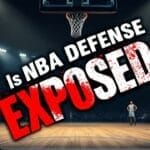 Basketball players on court; text reads "Is NBA Defense Exposed" with dramatic lighting.