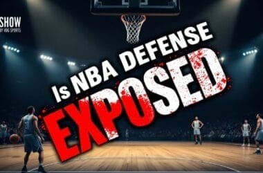 Basketball players on court; text reads "Is NBA Defense Exposed" with dramatic lighting.