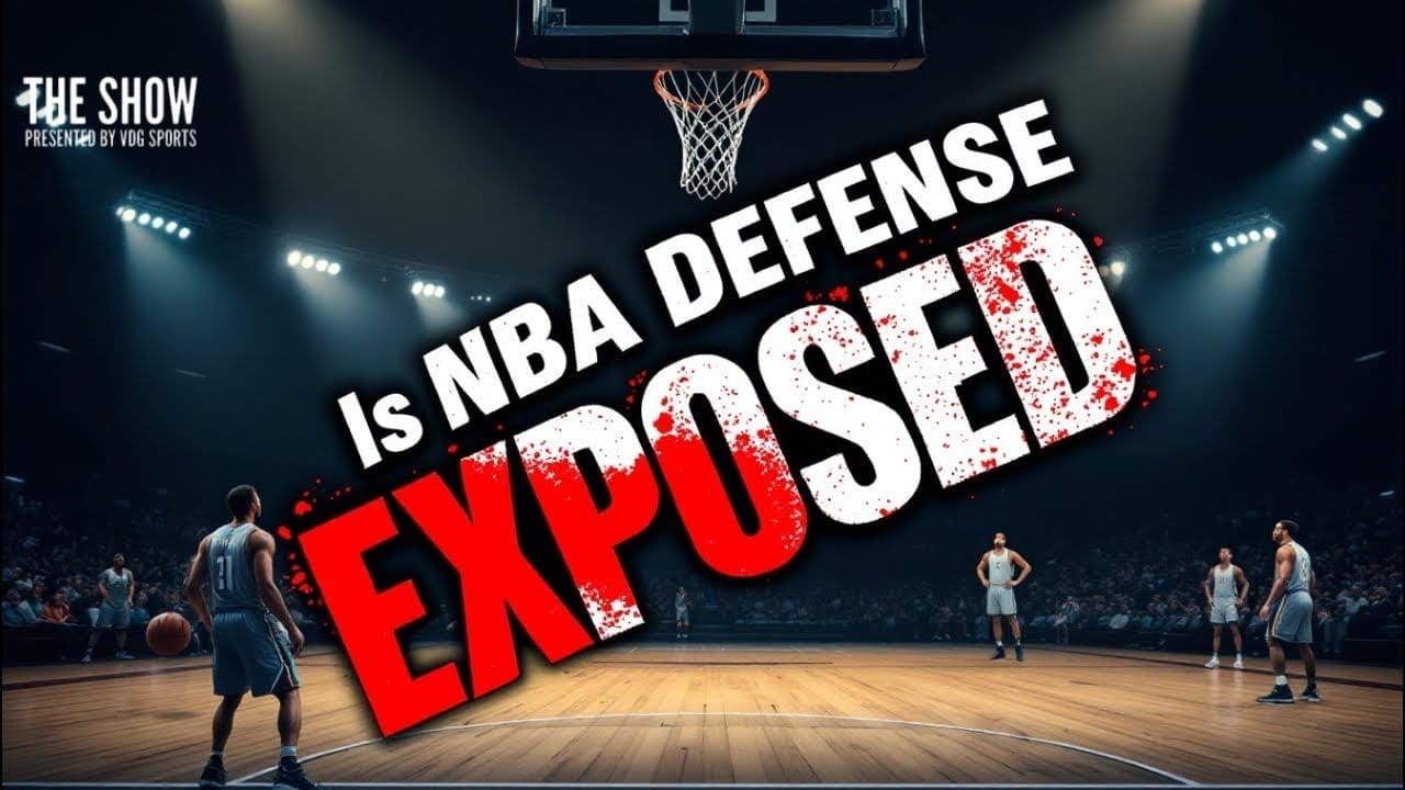 Basketball players on court; text reads "Is NBA Defense Exposed" with dramatic lighting.