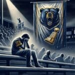 A person in a Chicago Bears jersey sits in an empty stadium, head in hands, under a large banner with a roaring bear and a trophy. The dimly lit scene conveys a somber mood as the stadium seats in the background remain mostly unoccupied.