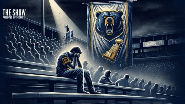 A person in a Chicago Bears jersey sits in an empty stadium, head in hands, under a large banner with a roaring bear and a trophy. The dimly lit scene conveys a somber mood as the stadium seats in the background remain mostly unoccupied.