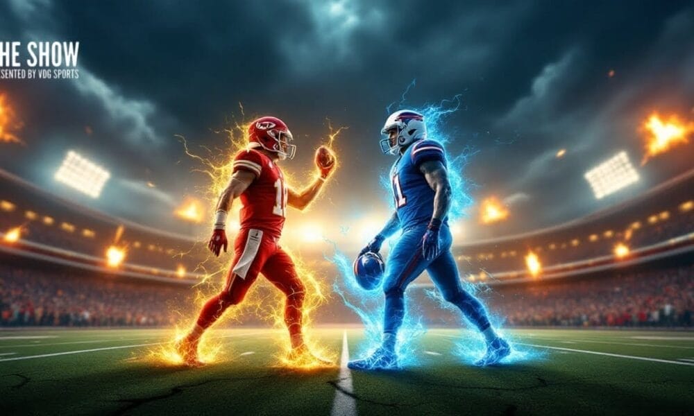 Two football players face off in a stadium, one in red surrounded by fire effects and the other in blue with electric effects. This electrifying showdown echoes NFL Rivalries like Josh Allen vs. Patrick Mahomes. Stadium lights beam as flames roar behind. Text reads "The Show, presented by OHS Sports.