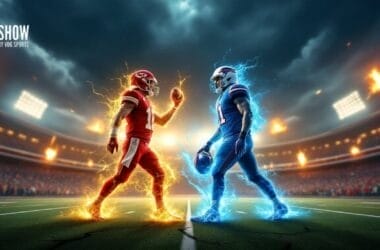 Two football players face off in a stadium, one in red surrounded by fire effects and the other in blue with electric effects. This electrifying showdown echoes NFL Rivalries like Josh Allen vs. Patrick Mahomes. Stadium lights beam as flames roar behind. Text reads "The Show, presented by OHS Sports.