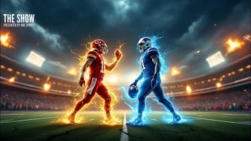 Two football players face off in a stadium, one in red surrounded by fire effects and the other in blue with electric effects. This electrifying showdown echoes NFL Rivalries like Josh Allen vs. Patrick Mahomes. Stadium lights beam as flames roar behind. Text reads "The Show, presented by OHS Sports.