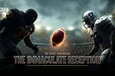 Two American football players face off on a field at night, a football spinning in mid-air between them. Text reads "The Rivalry War Begins - The Immaculate Reception," with "The Show" above. The stadium buzzes with cheering fans, capturing the essence of legendary NFL rivalries like the Oakland Raiders clash.