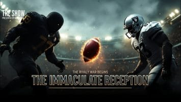 Two American football players face off on a field at night, a football spinning in mid-air between them. Text reads "The Rivalry War Begins - The Immaculate Reception," with "The Show" above. The stadium buzzes with cheering fans, capturing the essence of legendary NFL rivalries like the Oakland Raiders clash.