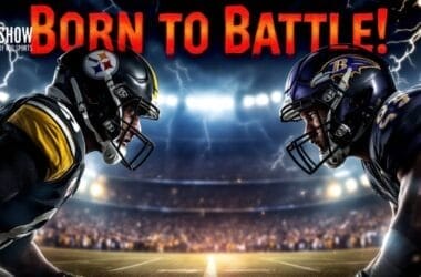 Two American football players face each other intensely on a stormy stadium field, embodying the fierce spirit of NFL rivalries. The text "Born to Battle!" is prominently displayed at the top.