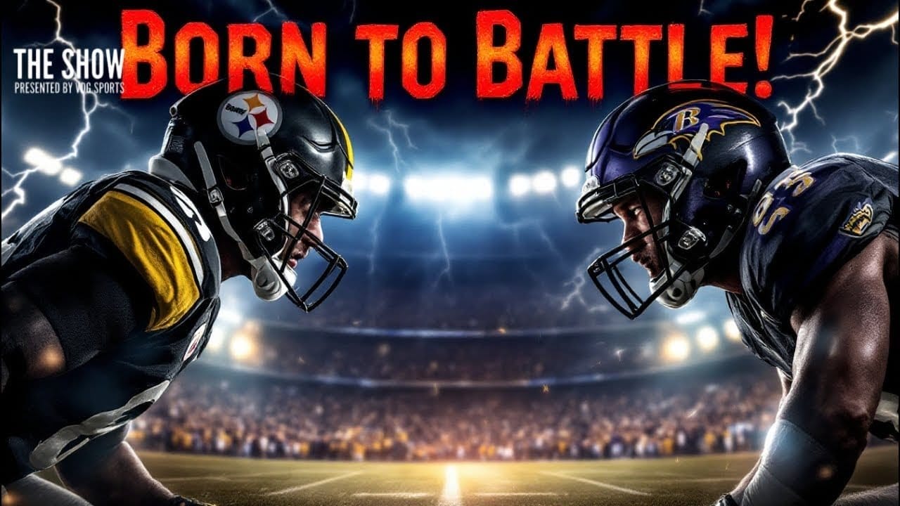 Two American football players face each other intensely on a stormy stadium field, embodying the fierce spirit of NFL rivalries. The text "Born to Battle!" is prominently displayed at the top.