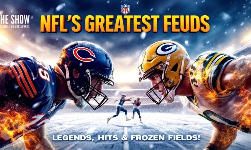 Illustrated image featuring quarterback legends from the Chicago Bears and Green Bay Packers in a dynamic, animated face-off. The background has a dramatic, fiery effect. Text reads "NFL'S GREATEST RIVALRIES" and "Legends, Hits & Frozen Fields!.