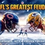 Illustrated image featuring quarterback legends from the Chicago Bears and Green Bay Packers in a dynamic, animated face-off. The background has a dramatic, fiery effect. Text reads "NFL'S GREATEST RIVALRIES" and "Legends, Hits & Frozen Fields!.