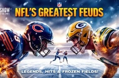 Illustrated image featuring quarterback legends from the Chicago Bears and Green Bay Packers in a dynamic, animated face-off. The background has a dramatic, fiery effect. Text reads "NFL'S GREATEST RIVALRIES" and "Legends, Hits & Frozen Fields!.