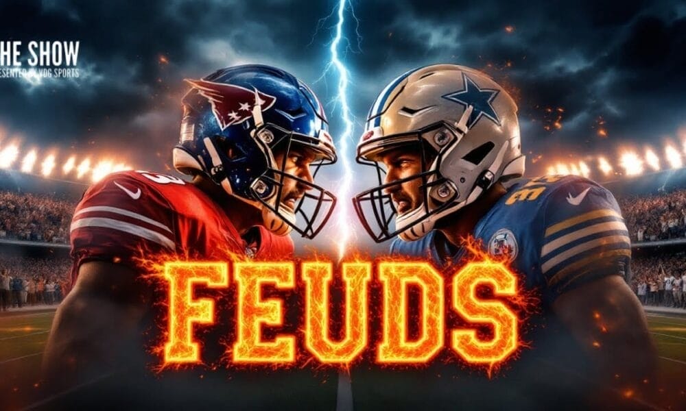 Illustration of two football players facing off in a stadium, one in a red uniform and the other in a blue uniform. Dramatic lightning is in the background, capturing the essence of NFL Rivalries. The word "FEUDS" is prominently displayed in fiery letters across the center.