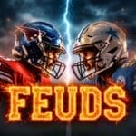 Illustration of two football players facing off in a stadium, one in a red uniform and the other in a blue uniform. Dramatic lightning is in the background, capturing the essence of NFL Rivalries. The word "FEUDS" is prominently displayed in fiery letters across the center.