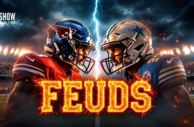 Illustration of two football players facing off in a stadium, one in a red uniform and the other in a blue uniform. Dramatic lightning is in the background, capturing the essence of NFL Rivalries. The word "FEUDS" is prominently displayed in fiery letters across the center.