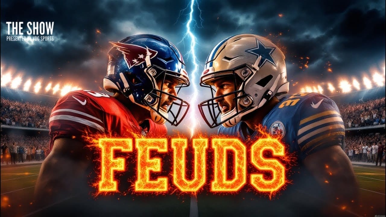 Illustration of two football players facing off in a stadium, one in a red uniform and the other in a blue uniform. Dramatic lightning is in the background, capturing the essence of NFL Rivalries. The word "FEUDS" is prominently displayed in fiery letters across the center.