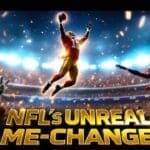 A football player in a red jersey leaps to catch a ball in a brightly lit stadium, while an opponent in a blue jersey reaches to intercept. The text reads "Unreal Game-Changers: Moments Etched in NFL History" in bold yellow letters.