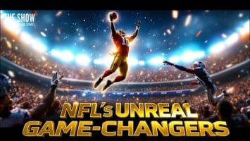 A football player in a red jersey leaps to catch a ball in a brightly lit stadium, while an opponent in a blue jersey reaches to intercept. The text reads "Unreal Game-Changers: Moments Etched in NFL History" in bold yellow letters.