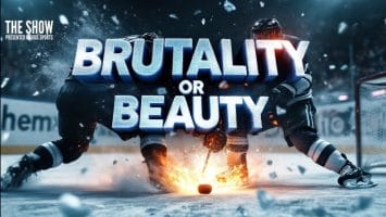 Hockey players competing on ice with the text "Brutality or Beauty" in bold letters across the center. The phrase "The Show Presented by KG Sports and NHL" is in the top left corner. Ice and snow are scattered from a skating motion.
