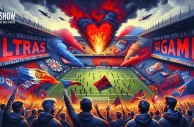 A vibrant stadium scene with football fanatics, flags, and flares, featuring banners saying "Ultras in football" and "The Game.