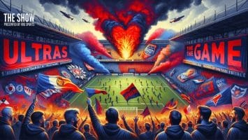 A vibrant stadium scene with football fanatics, flags, and flares, featuring banners saying "Ultras in football" and "The Game.