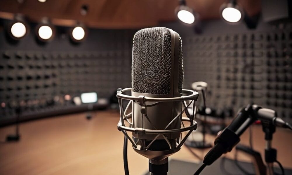 A professional microphone in a recording studio with soundproof padded walls and overhead lights, perfect for capturing sports opinion pieces. Other recording equipment is visible in the blurred background, creating an ideal atmosphere for lively discussions.