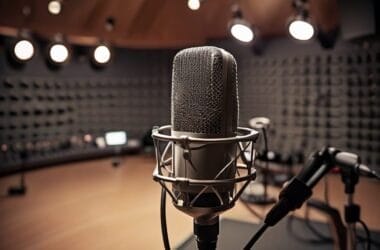 A professional microphone in a recording studio with soundproof padded walls and overhead lights, perfect for capturing sports opinion pieces. Other recording equipment is visible in the blurred background, creating an ideal atmosphere for lively discussions.