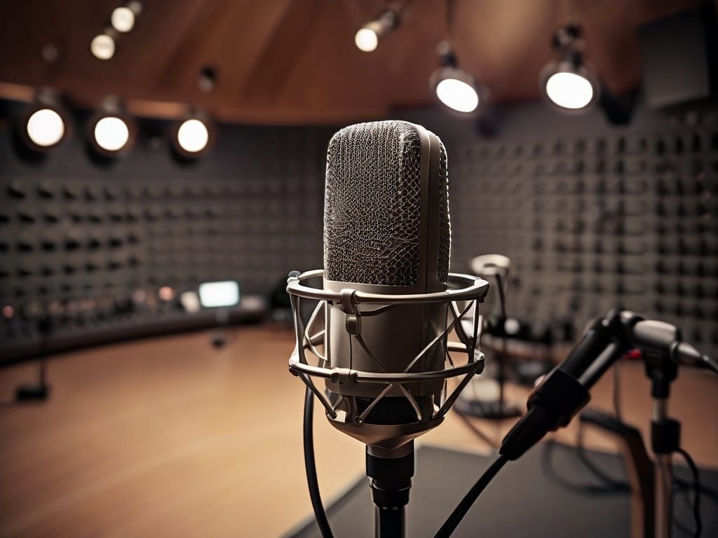 A professional microphone in a recording studio with soundproof padded walls and overhead lights, perfect for capturing sports opinion pieces. Other recording equipment is visible in the blurred background, creating an ideal atmosphere for lively discussions.