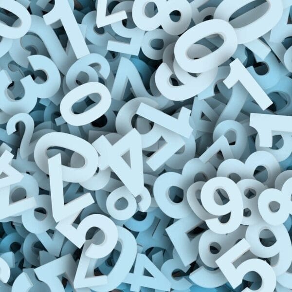 A chaotic arrangement of white and light blue three-dimensional numbers is depicted, reminiscent of numbers in sports. Overlapping each other, these figures ranging from zero to nine are randomly scattered against a pale blue background.