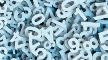 A chaotic arrangement of white and light blue three-dimensional numbers is depicted, reminiscent of numbers in sports. Overlapping each other, these figures ranging from zero to nine are randomly scattered against a pale blue background.