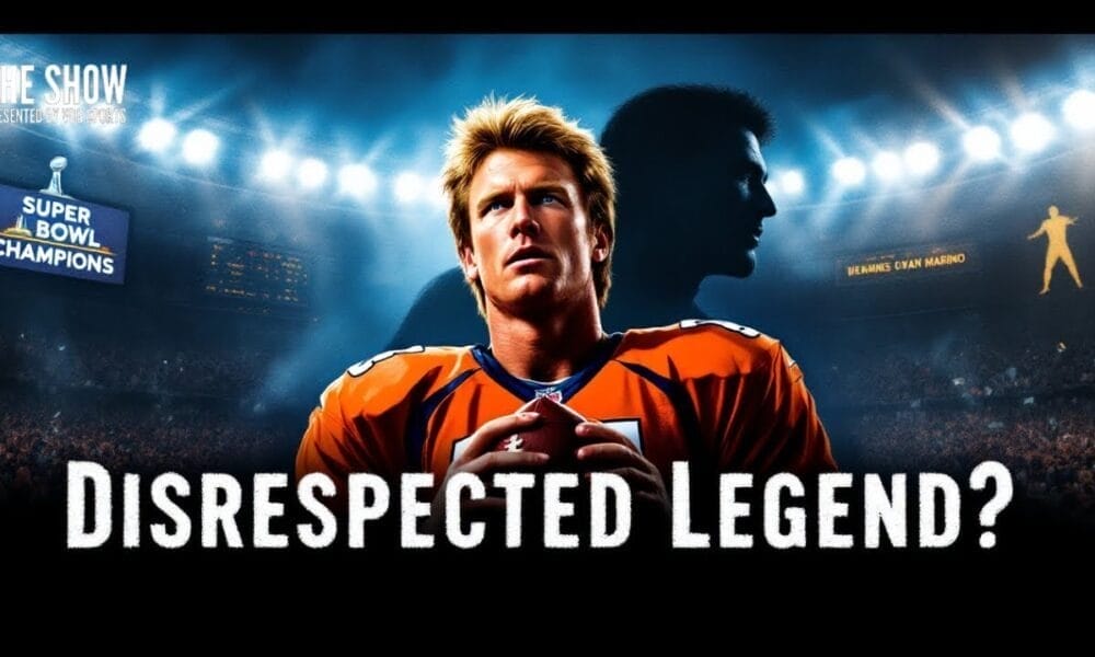 A poster showcases a football player in an orange jersey, exuding determination against a stadium backdrop. A shadowy figure stands behind him. The text reads "Disrespected Legend?" highlighting "Super Bowl Champions," HEMAS DAN MARINO, and nods to NFL history with parallels to John Elway.