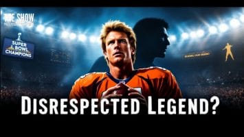 A poster showcases a football player in an orange jersey, exuding determination against a stadium backdrop. A shadowy figure stands behind him. The text reads "Disrespected Legend?" highlighting "Super Bowl Champions," HEMAS DAN MARINO, and nods to NFL history with parallels to John Elway.